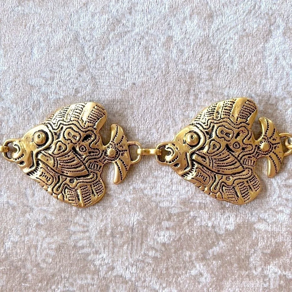 VINTAGE Gold Tone Tropical Angel Fish Chain Belt Metal Cinch Waist Lobster Clasp